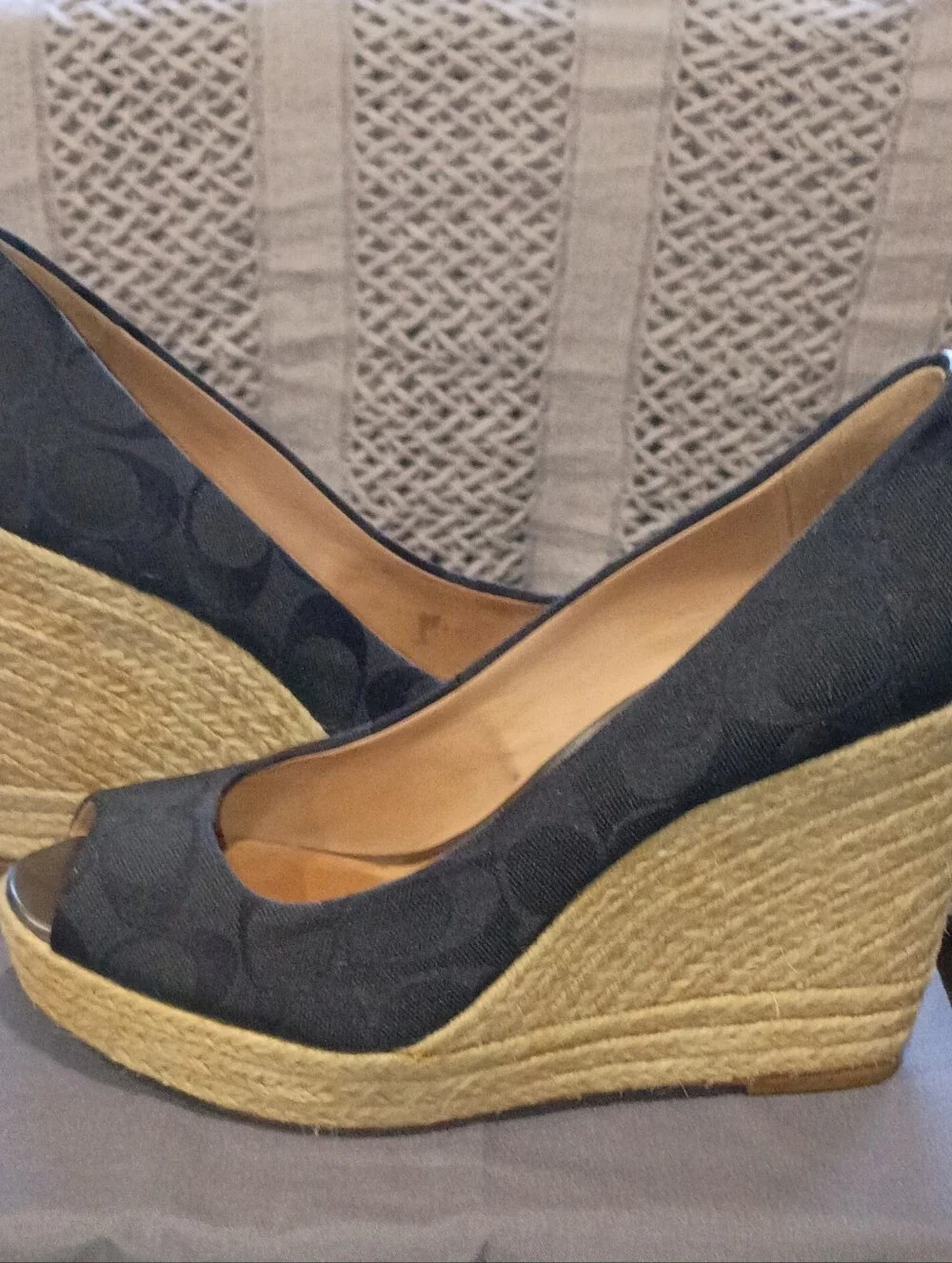 Coach Navy Signature Canvas Peep Toe Espadrille Wedges